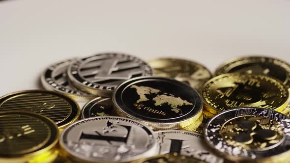 Rotating shot of Bitcoins 