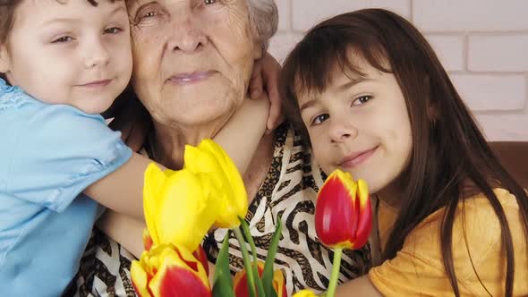 Happy Old Age. Grandmother with Grandchildren.