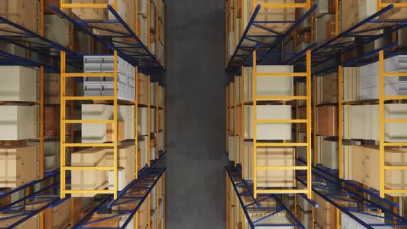 Warehouse with cardboard boxes inside on pallets racks, logistic center