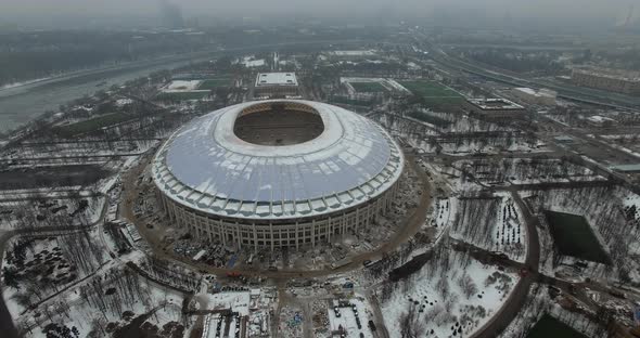 Aerial Moscow View with Luzhniki Stadium Under Reconstruction Works, Russia
