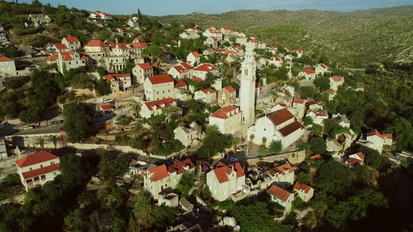 Aerial view of traditional dalmatian village of Lozisca, Brac Island, Croatia.