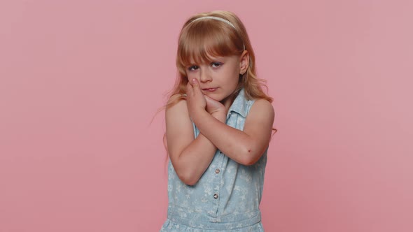 Young Child Girl Kid Touching Cheek Terrible Suffer From Painful Toothache Sensitive Teeth Cavities