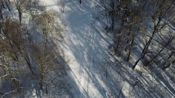 Aerial view of a drone flying over the winter park.