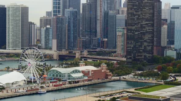 Aerial view of Navy Pier and skyscrapers in Chicago city