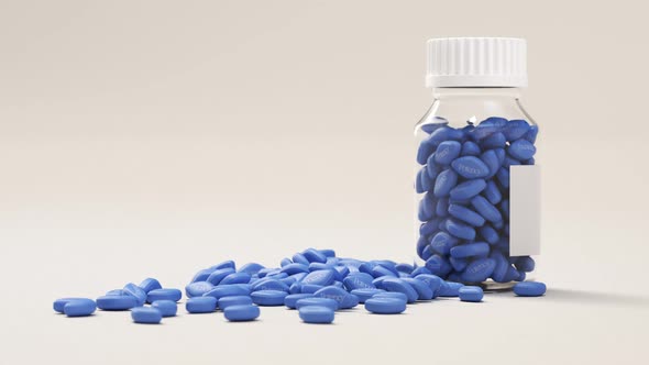 Pile of blue pills and a jar full of them on a bright background. 4KHD