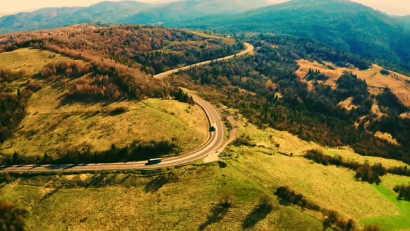 Drone Flies Above Route with Lorries