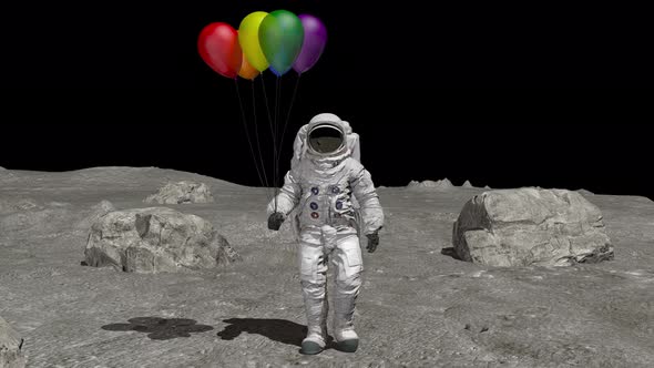 Astronaut Walking on the Moon with Colorful Balloons alt