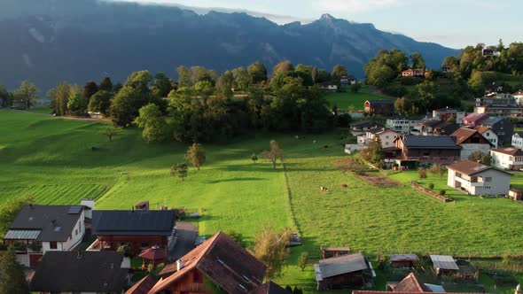 Aerial View of Liechtenstein with Houses on Green Fields in Alps Mountain Valley