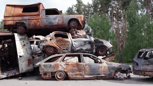 War in Ukraine a Dump of Shot and Burned Cars in Irpin Bucha District