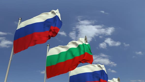 Row of Waving Flags of Bulgaria and Russia