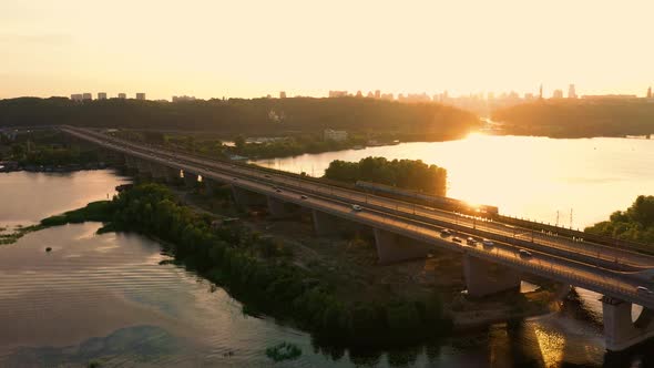 Aerial View of City Bridge and Sunset Light