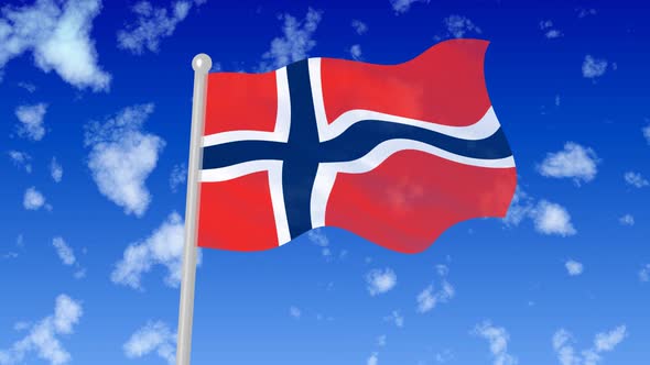 Norway National Flag Flying Wave In The Sky With Clouds