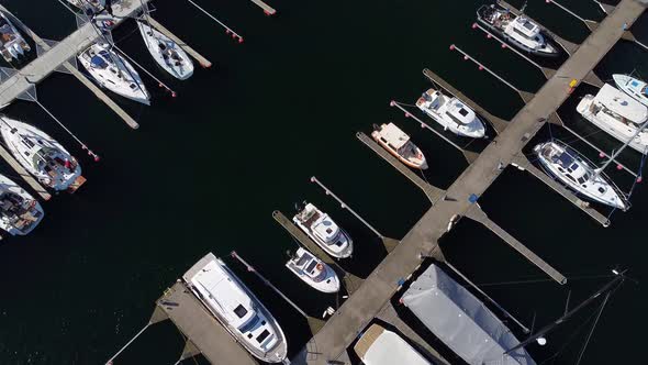 Marine parking berth with yachts. Flight from above on a drone in the port of Gdynia