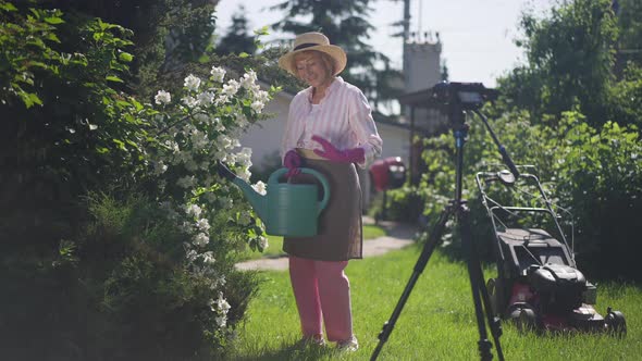 Wide Shot Positive Senior Gardener Blogger Waving at Camera Watering Blooming Bush in Garden in