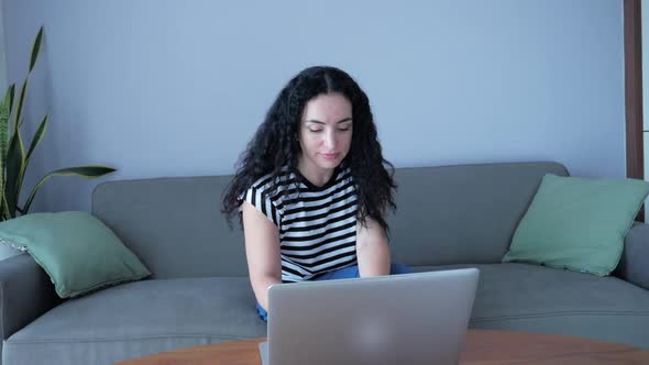 Young Serious Woman Working on Laptop, Sitting on Sofa at Home, Businesswoman Sits at Home Works