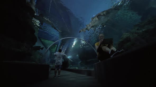 Woman with Pad Making Photos in Underwater Tunnel of Oceanarium