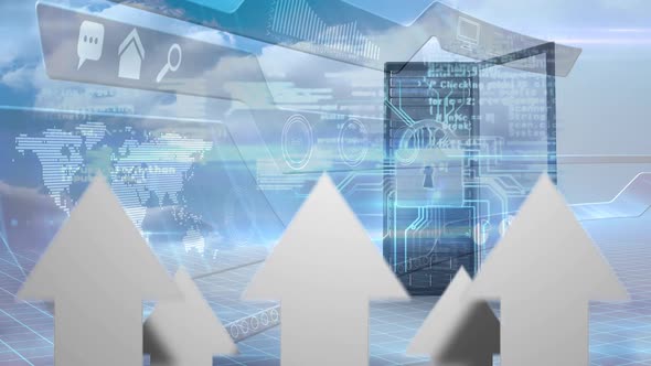 Arrows pointing up with data server and earth map in the background