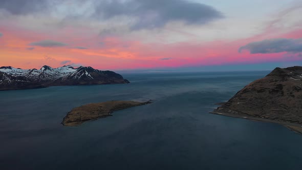 Aerial view of Dutch Harbour at sunset, Unalaska, Alaska, United States.