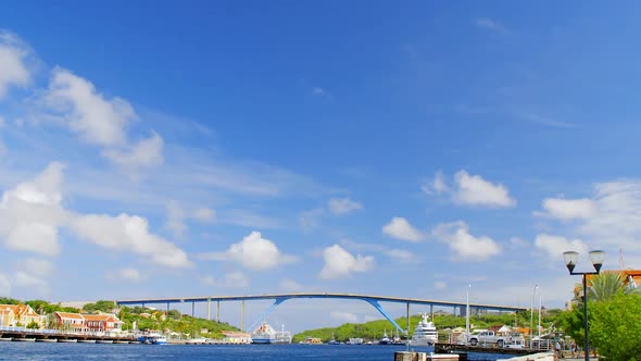 Beautiful waterfront alongside Saint Anna Bay and the Queen Juliana Bridge in Punda, Willemstad, on