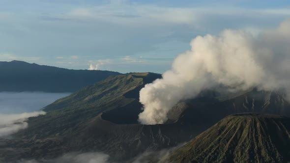 Aerial shot of Mountain Bromo active volcano crater