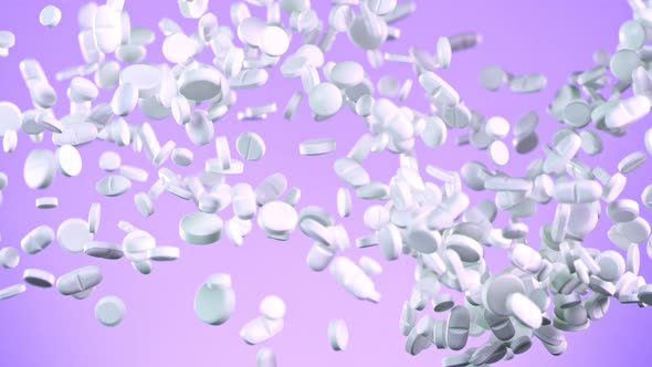 Super Slow Motion Shot of Flying White Pills on Purple Background at 1000Fps.