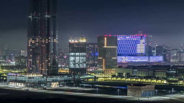 Buildings on Al Reem Island in Abu Dhabi Night Timelapse From Above