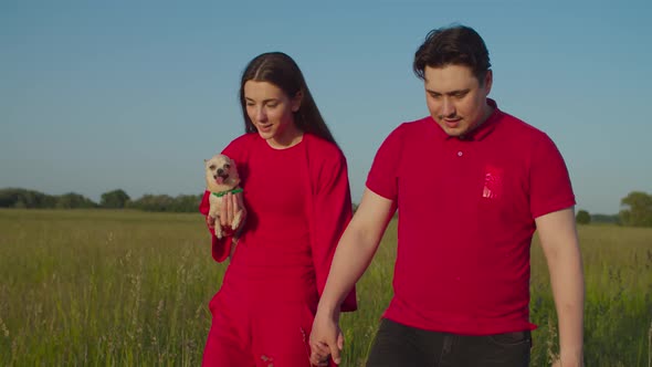 Relaxed Couple in Love Walking in Nature at Sunset