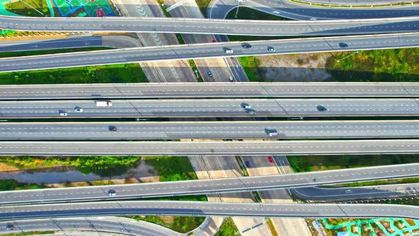 Stunning Aerial view drone shot above freeway traffic