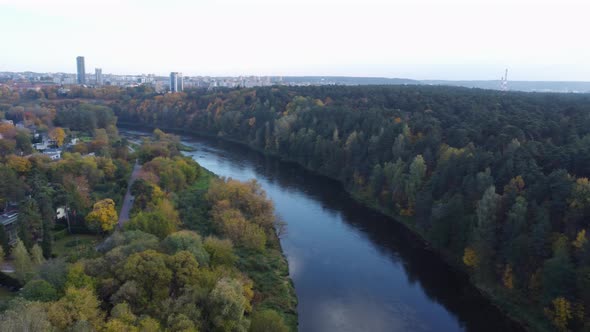 AERIAL Orbiting Shot of Vingis Park in Vilnius with Autumn Foliage in October