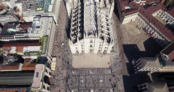 Duomo Cathedral in Milan, Italy, Aerial Establishing View, Dolly Out