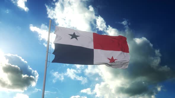 Flag of Panama Waving at Wind Against Beautiful Blue Sky