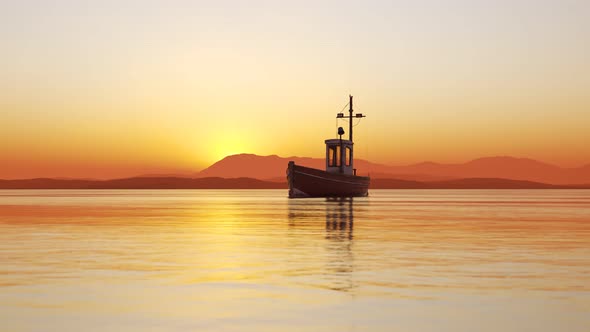 Fishing boat in the calm waters of the sea during misty, foggy, climatic sunset.