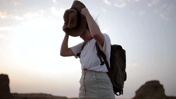 Traveler standing in desert field