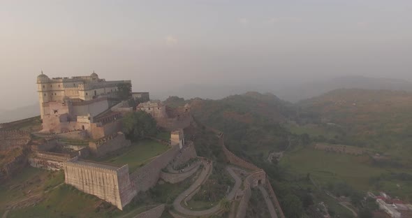 A slow orbiting view of 15th Century Hill Fort of Kumbhalgarh in Rajasthan