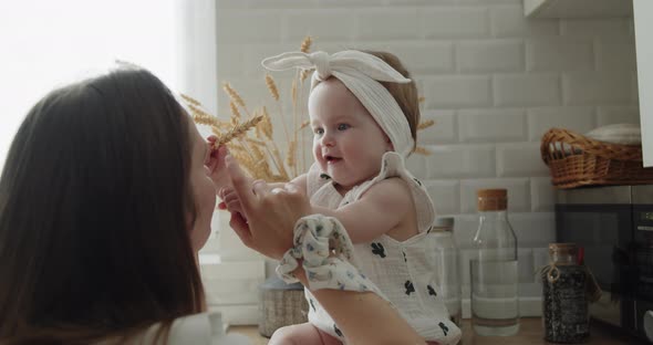 Closeup Portrait of Little Baby Playing with an Ear of Wheat Held By Her Mother