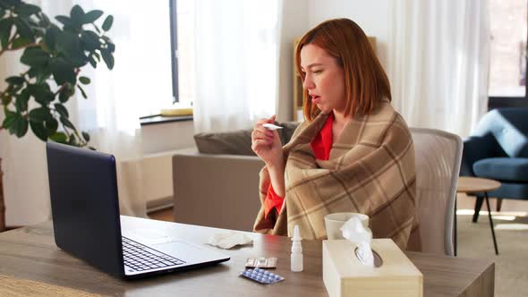 Sick Woman Having Video Call on Laptop at Home