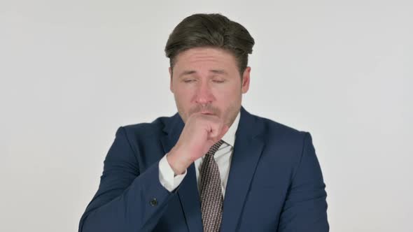 Sick Middle Aged Businessman Coughing, White Background