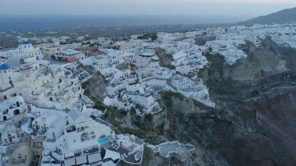 Aerial View Flying Over City of Oia on Santorini Greece