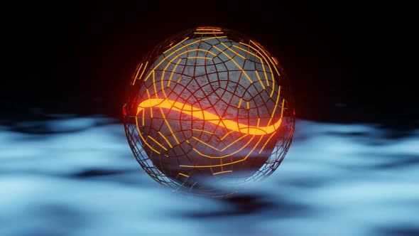 Sci Fi abstract ball with orange glowing sine wave on the blue smoke looped