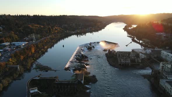 Willamette Falls and Oregon City Plant During Sunset