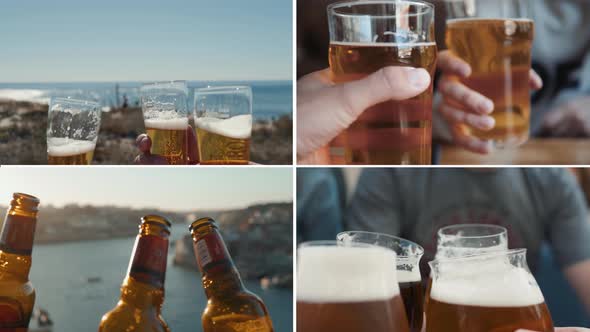 Celebration Beer Cheers Happy Concept Collage Multicam Multi Camera Close Up Hands Holding Up