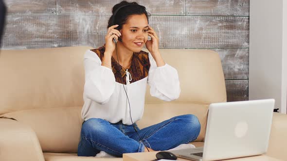 Woman Using Headphones Communicate with Hear Teamwork