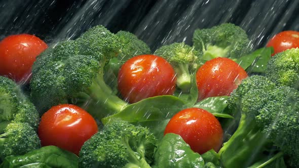 Tomatoes And Greens Get Washed In Water Spray