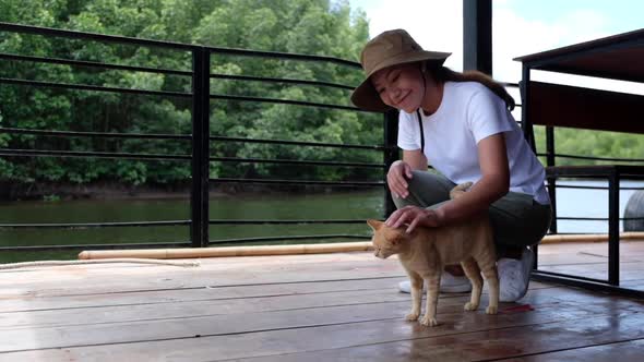 A young asian woman playing with a little cat