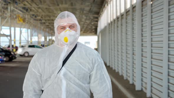 Man Dressed White Protective Overalls Walk Parking