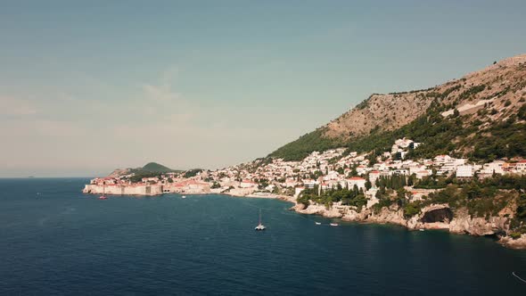 Aerial shot of the medieval city of Dubrovnik on the Adriatic coast, Croatia