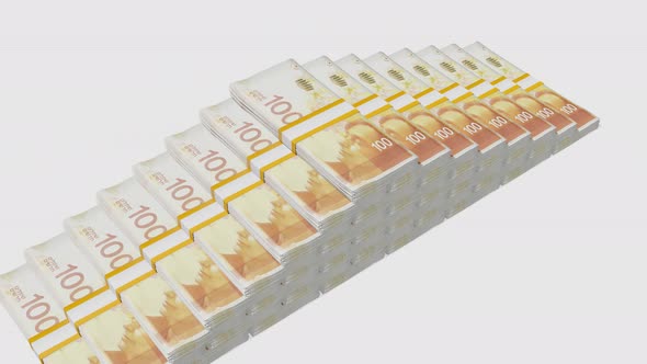 Many wads of money. 100 Israeli Shekel banknotes. Stacks of money.