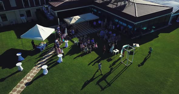 aerial shot of happy sunny Wedding day with sunbeams