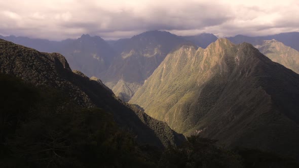 Peruvian mountains landscape view from the Sun Gate, on a cloudy evening