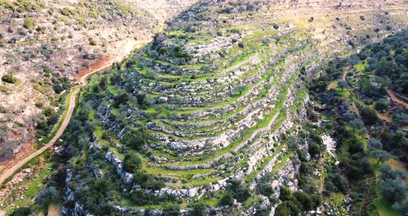 Aerial View of natural formation in the hills with paths, al-Bireh Governorate.